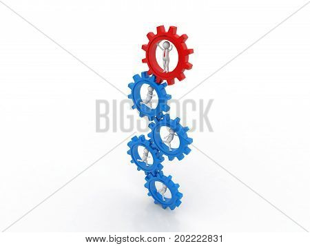 3d people - man, person running in gear wheels. Businessman and gear mechanism