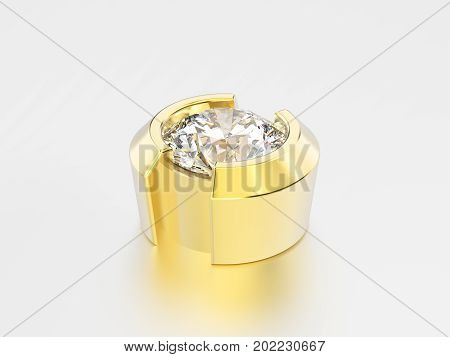 3D illustration yellow gold half-bazal diamond setting on a grey background