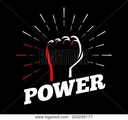Power back fist vector isolated sign on black background and vintage sun burst hand drawn retro rays