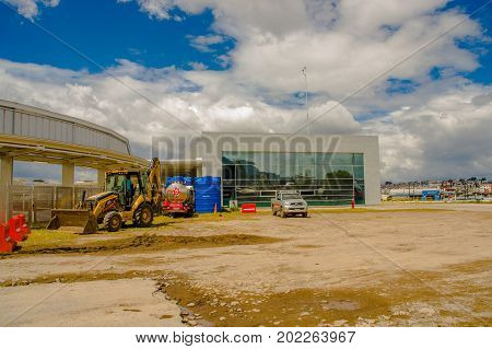 Quito, Pichincha Ecuador - August 27 2017: Beautiful view of the metro construction located inside of the Bicentenario park, with a construction machinery, at north part of the city of Quito.