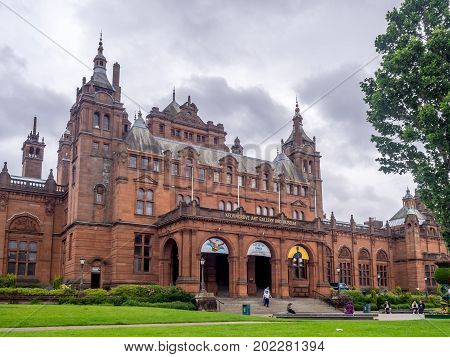GLASGOW, SCOTLAND - JULY 21: Exterior Facade of the Kelvingrove Art Gallery and Museum in Glasgow Scotland United Kingdom on July 21, 2017. The Kelvingrove is an main tourist attraction in Scotland.