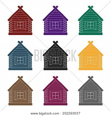 Wooden house icon in black design isolated on white background. Russian country symbol stock vector illustration.