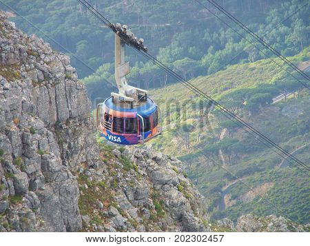 Cape Town, South Africa - September 12, 2016: The cable car brings many tourists up to the Table Mountain National Park, the landmark of Cape Town in South Africa.