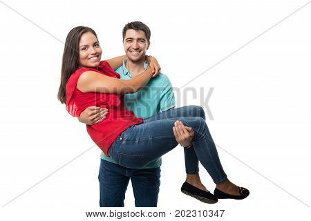 Boyfriend Holding His Girlfirend And Smiling Happy