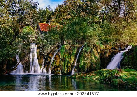 Waterfall On Korana River Canyon In Village Of Rastoke. Slunj In Croatia