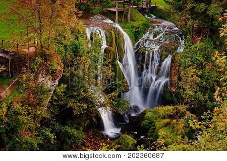Waterfall On Korana River Canyon In Village Of Rastoke. Slunj In Croatia