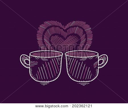 Two mugs with a romantic heart in the dark background