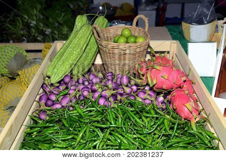 Vegetarian mix in wooden tray for sell.