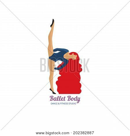 Dance icon concept. Ballet studio logo design template. Colorful flat retro style. Fitness dance class banner background with symbol of abstract  ballerina in dancing pose. Vector illustration.