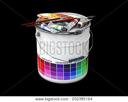 3d illustration of Drawing set and Bucket with Colored Palette Guide, isolated black.