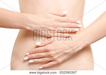 Female hands on abdomen hurts on white background isolationlungs