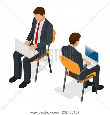 Isometric man in suit sitting with a laptop on his knees on isolated background. Successful businessman sitting in an office