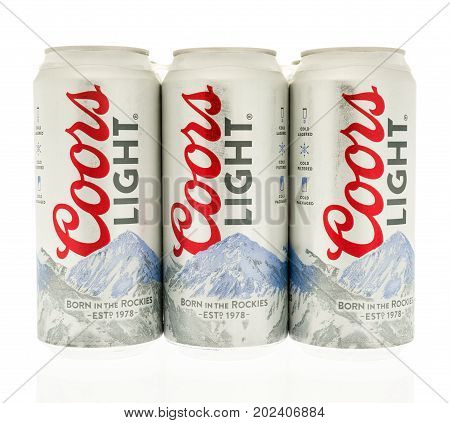 Winneconne WI - 14 August 2017: A six pack of Coors Light beer in cans on an isolated background