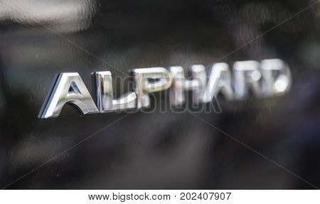 Hanoi, Vietnam - Sep 1, 2017: Close up of the logo of Toyota Alphard executive lounge taken within a test drive. Toyota Motor is a Japanese automotive manufacturer headquartered in Aichi, Japan.