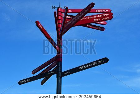 Neuf Brisach France - July 23 2016 : Distance Sign