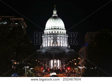 Wisconsin State Capitol building National Historic Landmark. Madison Wisconsin USA. Night scene horizontal composition.