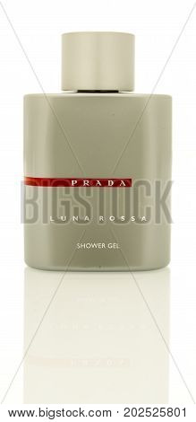 Winneconne WI - 30 August 2017: A bottle of Prada Luna Rossa shower gel on an isolated background.