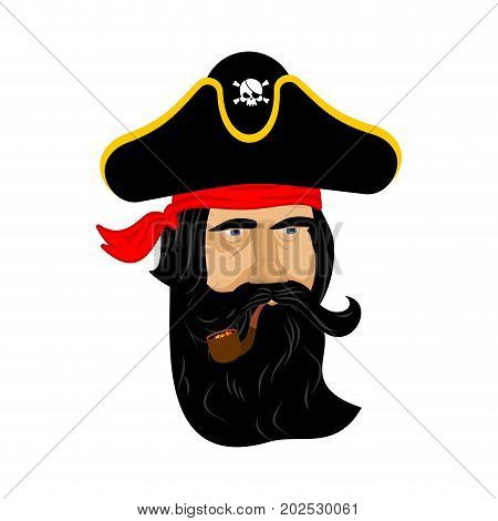 Pirate portrait in hat. Eye patch and smoking pipe. filibuster cap. Bones and Skull. Head corsair black beard.