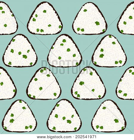 Onigiri with green peas. Japanese rice ball background. Seamless pattern. Asian snack. Lunch texture. Triangle rice balls wrapped with nori seaweed. For decoration, web page or pattern fills.