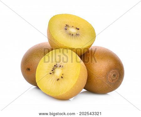 whole and half of yellow or gold kiwi fruit isolated on white background