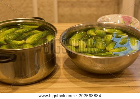 green cucumber lying in the steel bowl in the water1