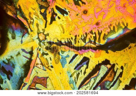 colorful microscopic shot of salt acid microcrystals in polarized light
