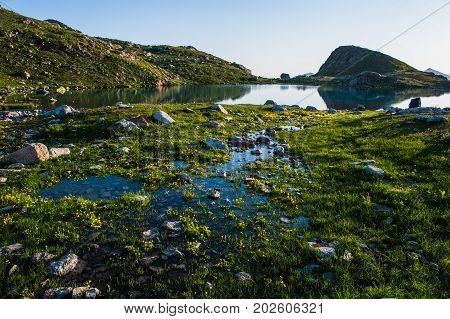 Alpine lake among the rocks, Arhyz, Russian Federation