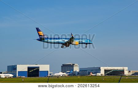 MONTREAL CANADA - AUGUST 28 2017 : Icelandair landing airplane. Icelandair is a customer-oriented airline and travel service company serving 44 gateways in Europe the USA and Canada.