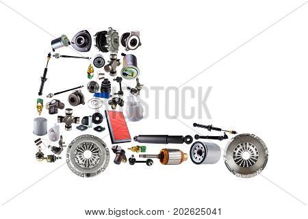 Images truck assembled from new spare parts. Cargo shop