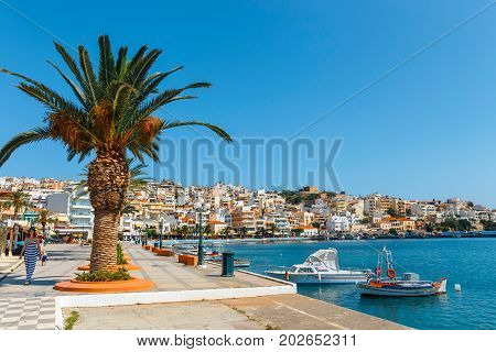 Sitia, Crete, Greece - June 11, 2017: Seaport Of Sitia Town With Moored Traditional Greek Fishing Bo