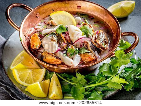Peruvian Latin American Seafood Shellfish Ceviche Cebiche. Raw Seafoods - Mussels, Shrimps, Clams, S