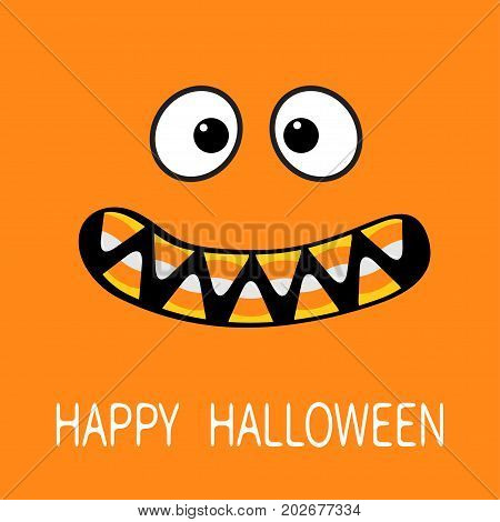 Happy Halloween. Scary monster face emotions. Vampire tooth fang. Big eyes mouth with candy corn teeth. Baby Greeting card. Flat design style . Orange background. Vector illustration