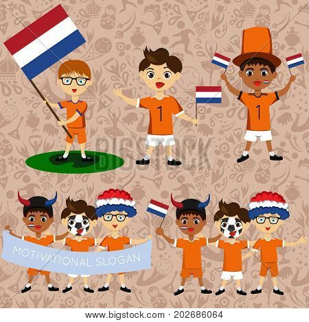 Set of boys with national flags of Netherlands. Blanks for the day of the flag independence nation day and other public holidays. The guys in sports form with the attributes of the football team
