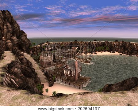 3D rendering of a pirate treasure island