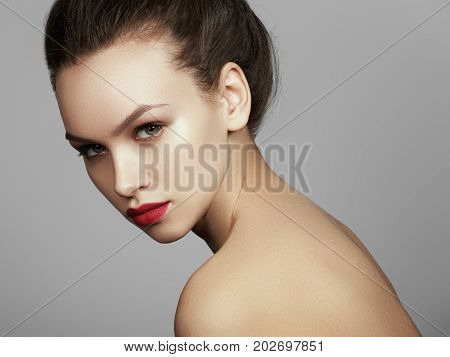 Beautiful Model With Fashion Make-up. Close-up Portrait Sexy Woman With Glamour Lip Makeup. Shot Of