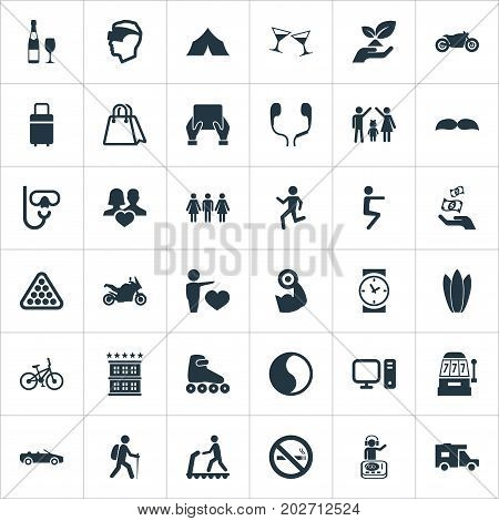 Elements Ballance, Wristwatch, Baggage And Other Synonyms Sport, Helmet And Surfing.  Vector Illustration Set Of Simple Health Icons.