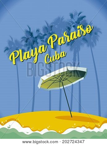 beach with umbrella and palm trees in Playa Paraiso in Cuba