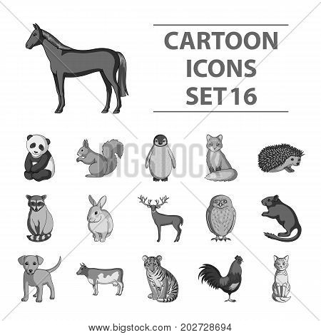 Deer, tiger, cow, cat, rooster, owl and other animal species.Animals set collection icons in monochrome style vector symbol stock illustration .