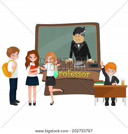 professor and student illustration, Girl and boy with teacher in college classroom, vector campus university, education at school concept, lecturer teaching students.