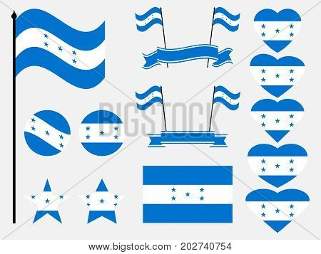 Honduran Flag Set Symbols, Flag In Heart. Vector Illustration
