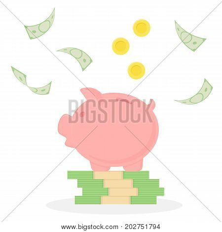 Piggy bank on a stack of money. Falling banknotes and coins. Money rain. Vector illustration.