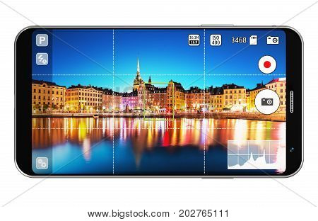 Creative abstract digital photography art and internet web wireless technology business concept: 3D render illustration of modern black glossy touchscreen smartphone or mobile phone with photo camera app screen isolated on white background