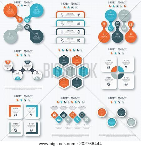 Set with infographics. Data and information visualization. Template. Stock vector. Dynamic infographics stylish geometric. element for design business invitations, gift cards, flyers and brochures