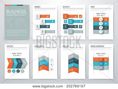 Set with infographics. Data and information visualization. Template. Stock vector. Dynamic infographics stylish geometric. element for design business invitations, gift cards, flyers and brochures