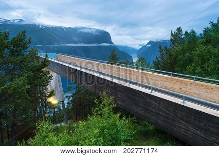 Viewing point Stagastein with splendid panoramic views of the Aurlandsfjorden fjord. This viewpoint is part of the Aurlandsfjellet National Tourist Route