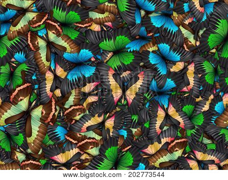 Seamless pattern with lot of different butterflys. Realistic 3D illustration