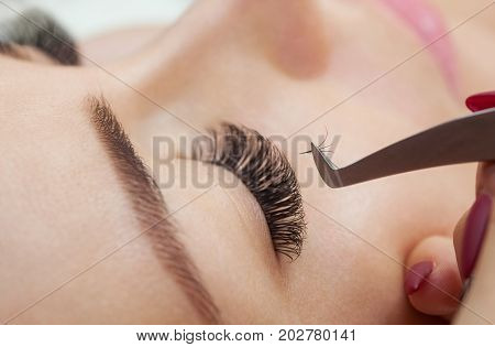 Eyelash Removal Procedure Close Up. Beautiful Woman With Long Lashes In A Beauty Salon. Eyelash Exte