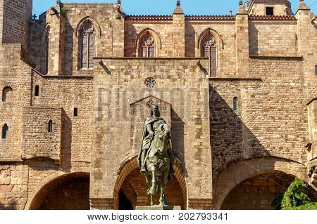 Square of Ramon Berenguer on the background Chapel of St. Agata in Gothic Quarter. Barcelona. Spain. Catalonia.