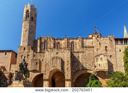 Square of Ramon Berenguer on the background Chapel of St. Agata in Gothic Quarter. Barcelona. Spain. Catalonia.