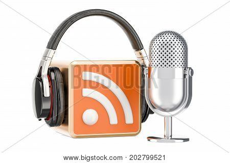 Headphones and microphone with RSS logo podcast 3D rendering